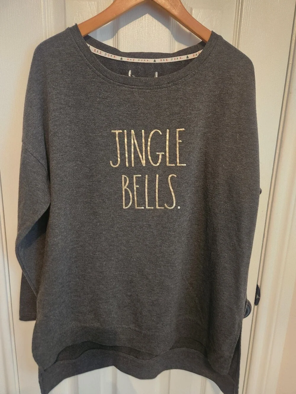 Rae Dunn Pullover Sweater Christmas Jingle Bells Gray Size M/L - Picture 1 of 3